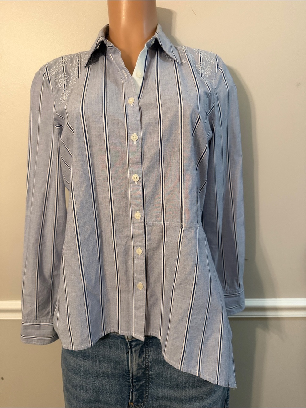 Donna Karan Light Blue Striped Button-Down Shirt with Shoulder Embroidery